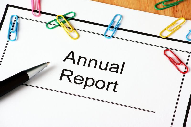 Annual Report Graphic. Picture of coloured paper clips and pen on top of Annual Report