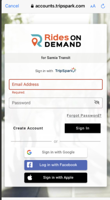 Home page of the app where you can enter in your email and password or create a new account
