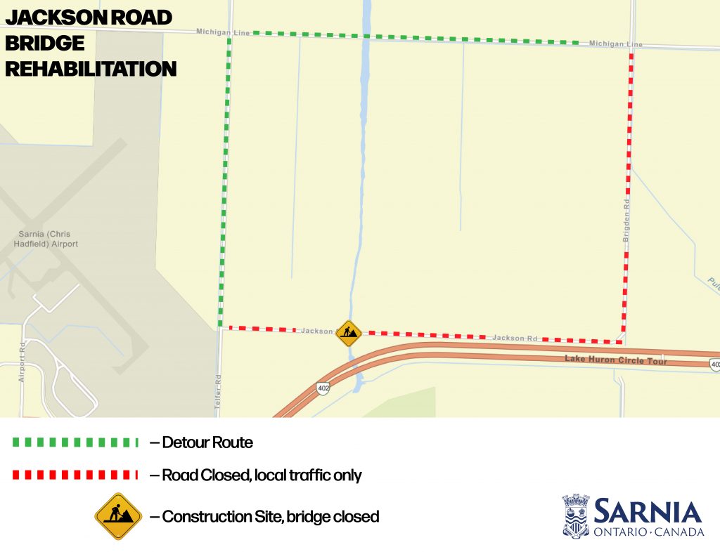 A map of Jackson Road and the surrounding area, showing Jackson Road closed east of Telfer Road and Brigden Road closed south of Michigan Line. Detour routes shown utilizing Telfer and Michigan Line