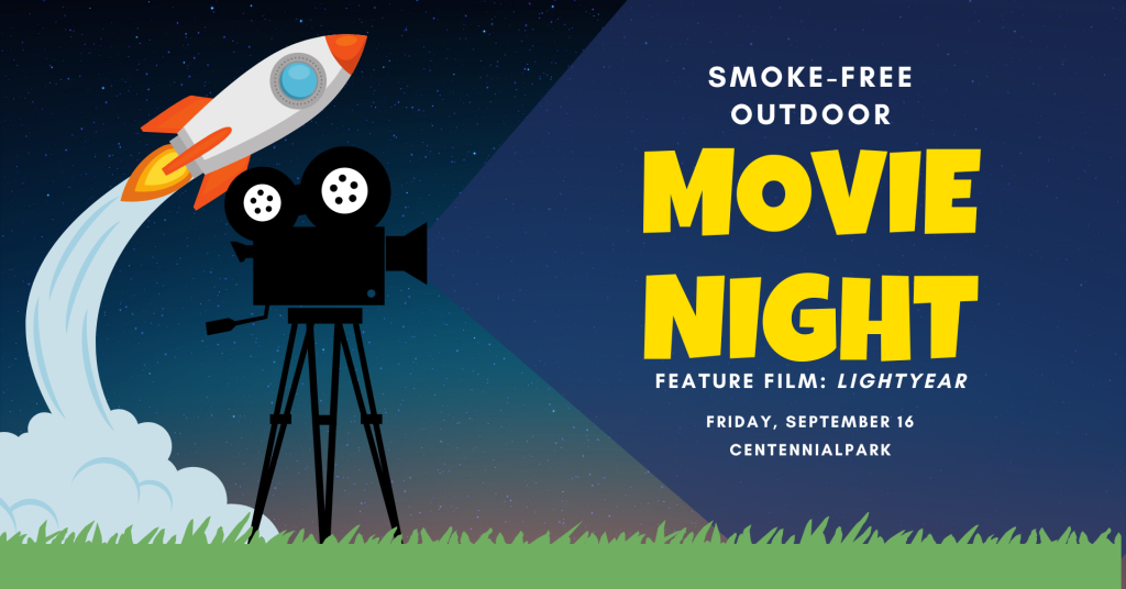 A film projector with a rocket taking off in the background, Smoke-free outdoor Movie Night, Feature Film: Lightyear, Friday, September 16, Centennial Park
