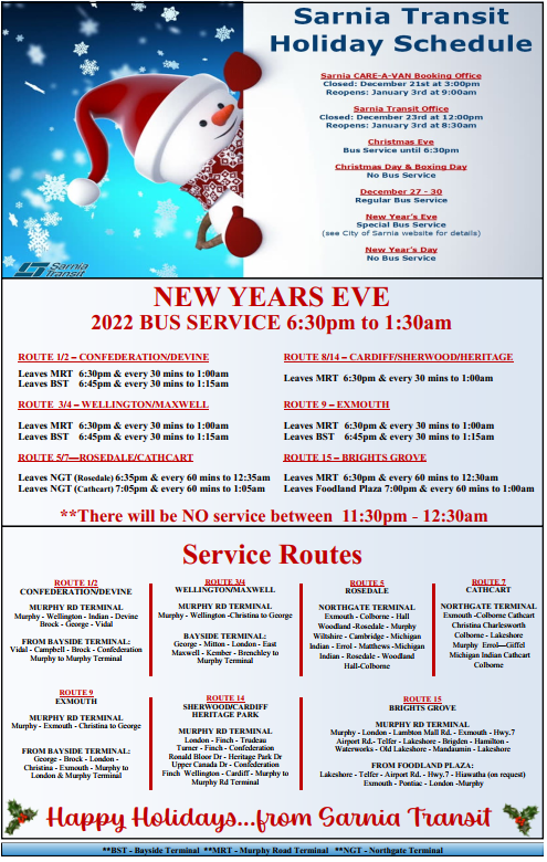 2022 Holiday Schedule City Of Sarnia
