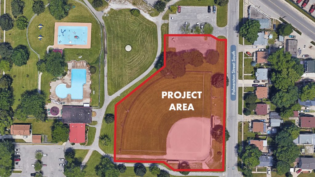 Map showing Tecumseh Park, with the area of the ball diamond and the south side of the Palmerston Street parking lot closed for the project.