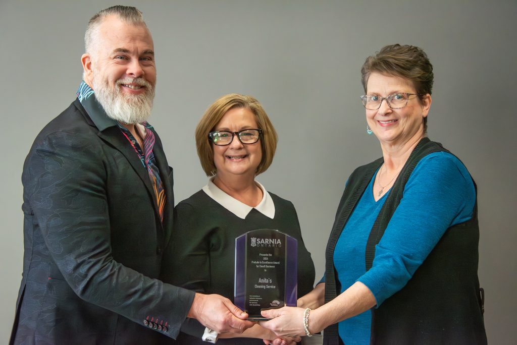 Prelude to Excellence for Small Business recipient Anita’s Cleaning Service. Pictured from left: Coun. Brian White, Sarnia Accessibility Advisory Committee (SAAC) Council representative; Karen McClintock, SAAC member; and Anita Carriere of Anita’s Cleaning Service.