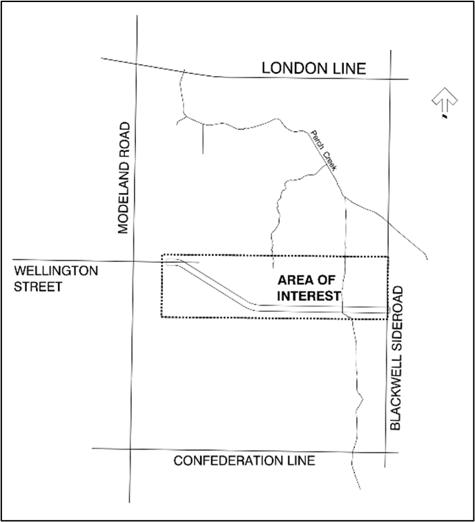 Map of project area between London Line, Blackwell Sideroad, Confederation Line and Modeland Road.