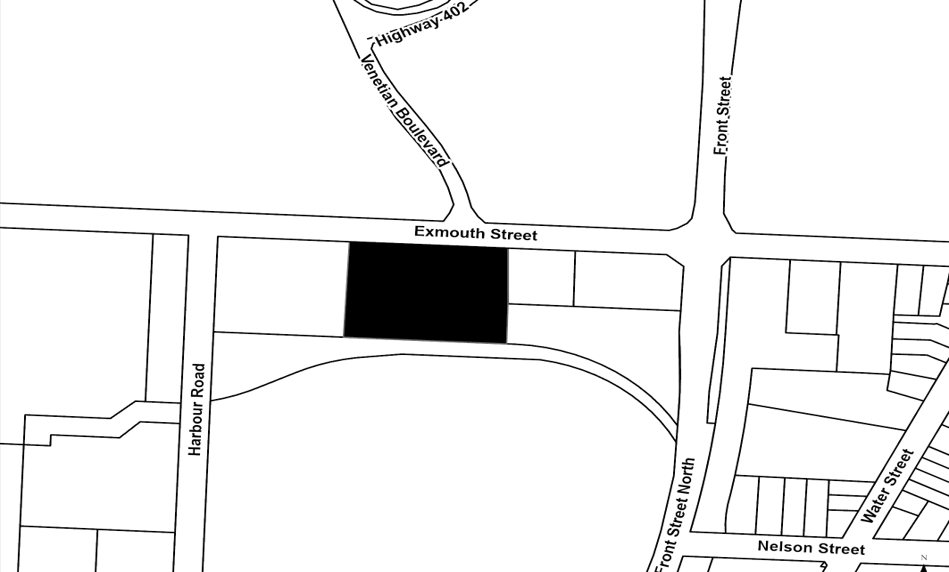 Map depicting the lands to be disposed of, the map shows that the land fronts onto Exmouth Street, and is between Harbour Road and Front Street.